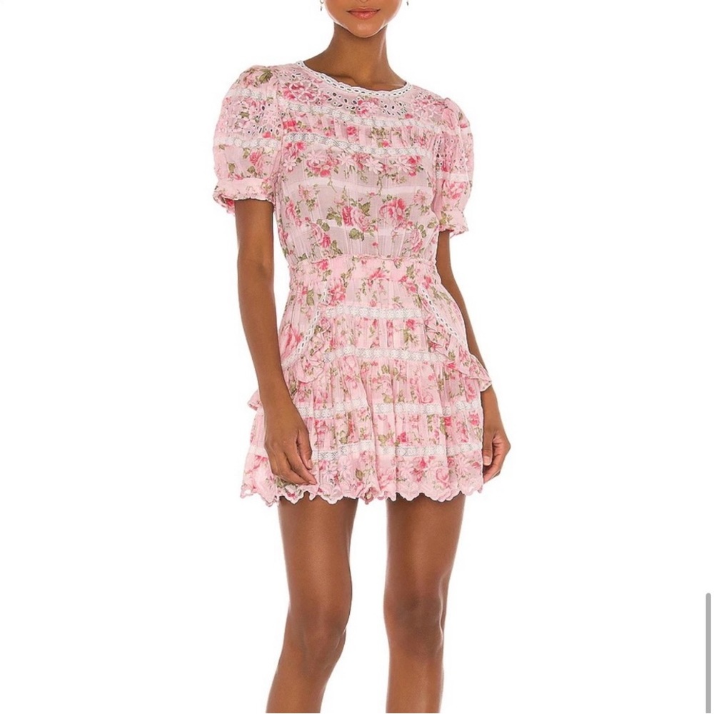 LOVESHACKFANCY AUGUSTINE FLORAL MINI DRESS (M) but fits more like a SMALL